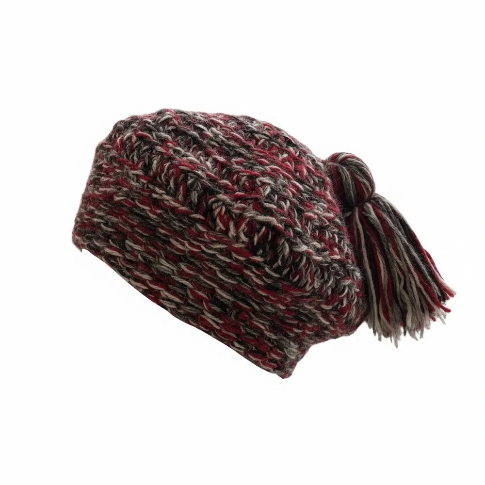 VTG 70s Burgundy Gray Black Chunky Knit Beret Hat w/ Tassel